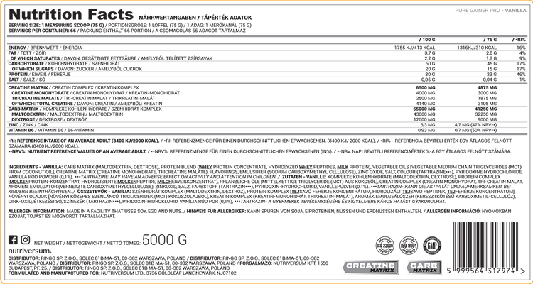 Nutriversum Gainer Pro Vanilla 5Kg 66Serv.