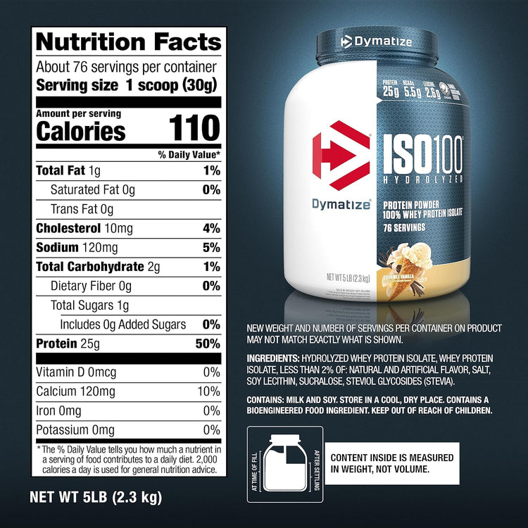 Dymatize ISO100 Hydrolized 100% Whey Protein Gourmet Vanilla 5Lb - 76Servings